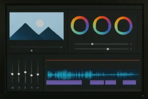 Écran d'édition vidéo montrant des réglages de colorimétrie et d'effets sonores